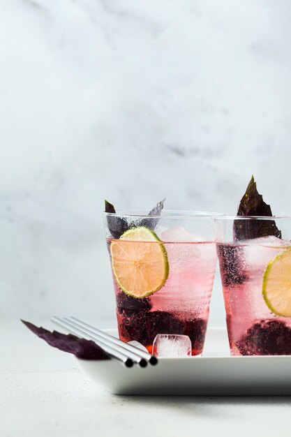 Gin tônica com amoras e folhas de coquetel refrescante de verão de manjericão roxo