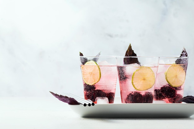 Gin tônica com amoras e folhas de coquetel refrescante de verão de manjericão roxo