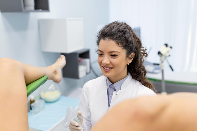 Ginecóloga experimentada en bata de laboratorio con espéculo vaginal médico para examinar a la paciente Mujer joven acostada en una silla ginecológica durante el chequeo