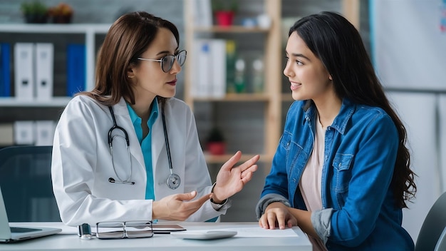 Ginecólogo hablando con una paciente joven durante una consulta médica en una clínica moderna