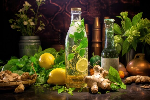 Ginger ale burbujeante en una botella de vidrio rodeada de ingredientes frescos creados con ai generativa