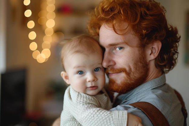 Ginger apuesto joven padre con el bebé en sus manos en la oficina de casa