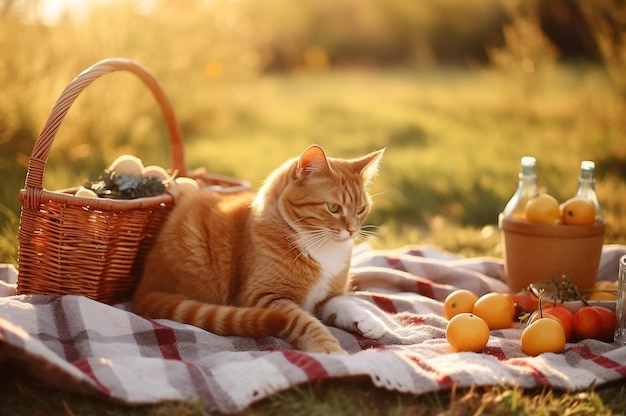 Ginger cat fazendo piquenique no pôr do sol generative ai