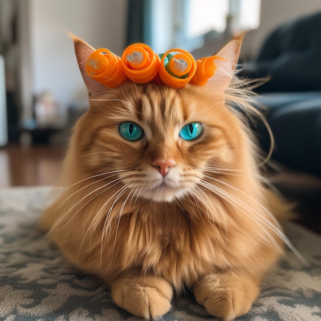 Ginger Cat con el pelo lindo y los rodillos de pelo