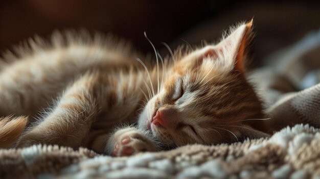 Ginger gatinho dormindo Cute pequeno gatinho vermelho dorme em pelúcia cobertor branco AI Generative