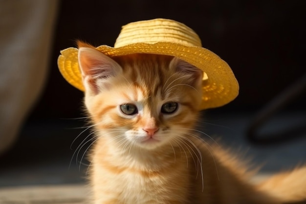 Ginger gatito lindo en sombrero de paja IA generativa