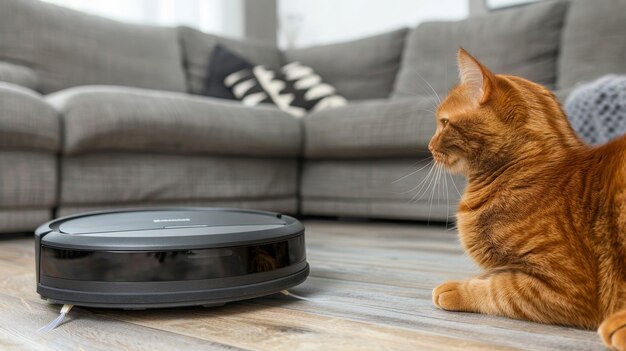 Ginger gato cabalga robot vacío interacción linda en la sala de estar escena casera lúdica con el sofá