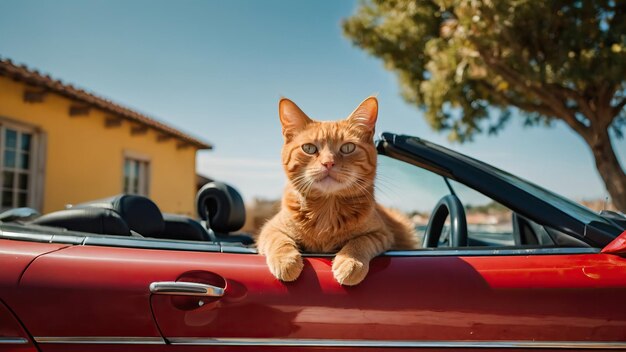 Ginger gato descansando em um conversível em um dia ensolarado