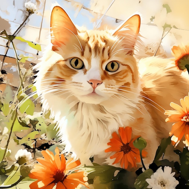 Ginger gato en un jardín de flores naranjas y blancas