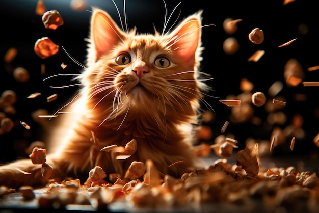 Ginger gato mira la comida en sorpresa mascota comida seca está volando
