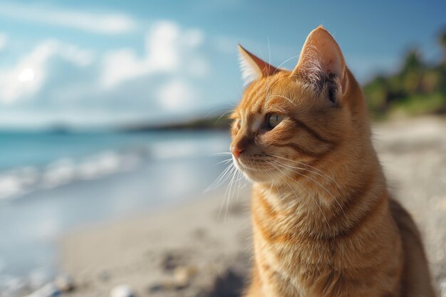Ginger gato naranja relajándose en una playa de arena mirando en la distancia