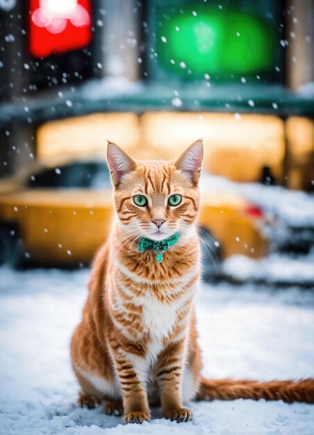 Ginger gato sentado en la nieve y mirando a la cámara fondo de invierno ai generativo