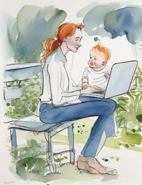 Ginger jovem mulher e filho remoto trabalhando com laptop de casa ao ar livre ilustração de aquarela