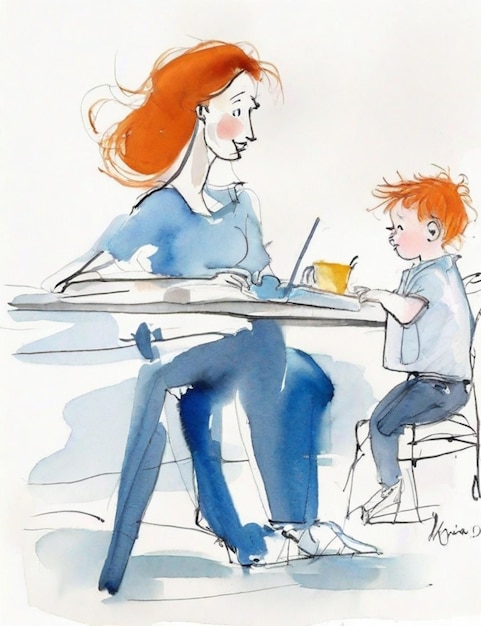 Ginger junge Frau und Sohn Remote-Arbeit mit Laptop von zu Hause im Freien Aquarell Illustration