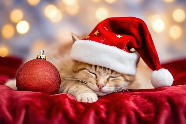 Ginger Kitten durmiendo en el sombrero de Papá Noel en medio de la decoración navideña AI generativa