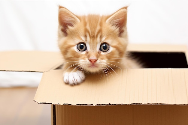 Ginger pequeno gatinho escondido dentro da caixa subiu alto em cima da caixa de papelão