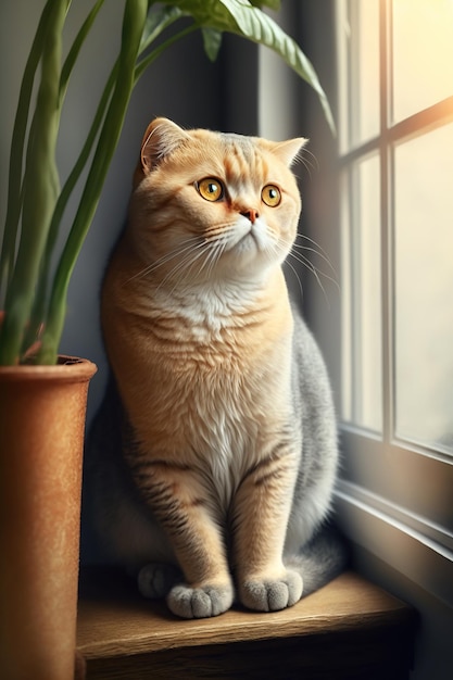 Ginger scottish fold cat sentado en el alféizar de la ventana cerca de una maceta verde con plantas