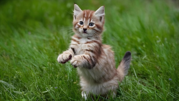 Ginger tabby gatinho fica em suas patas traseiras