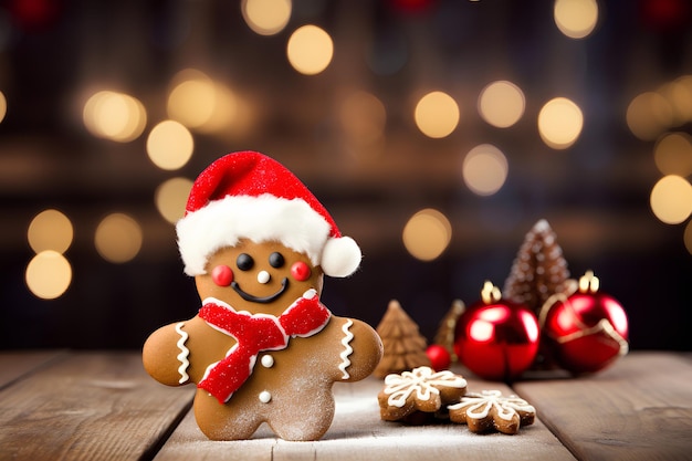 Gingerbread Cookie Ginger Baubles e Chapéu de Papai Noel em madeira
