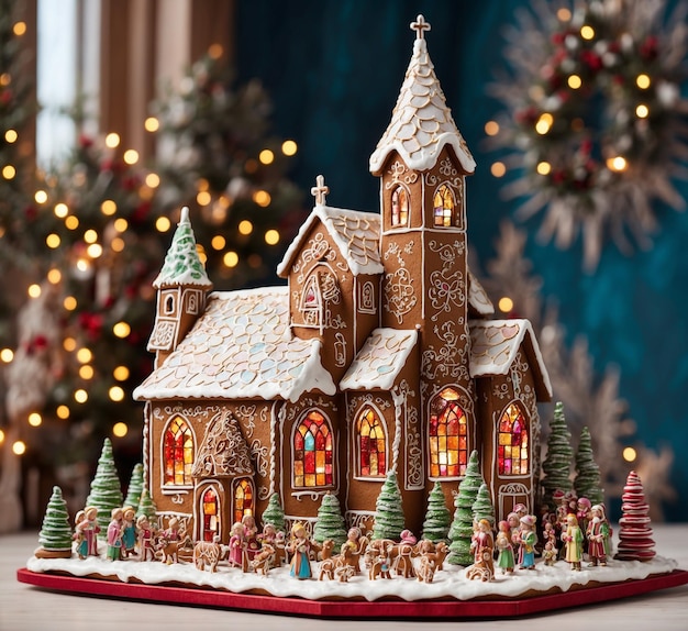 Gingerbread-Haus auf einem Holztisch mit Bokeh-Lichtern