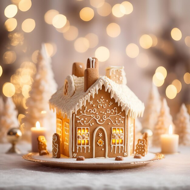 Foto gingerbread-haus umgeben von neujahrslichtern vorbereitung für das neujahr und weihnachten diy b