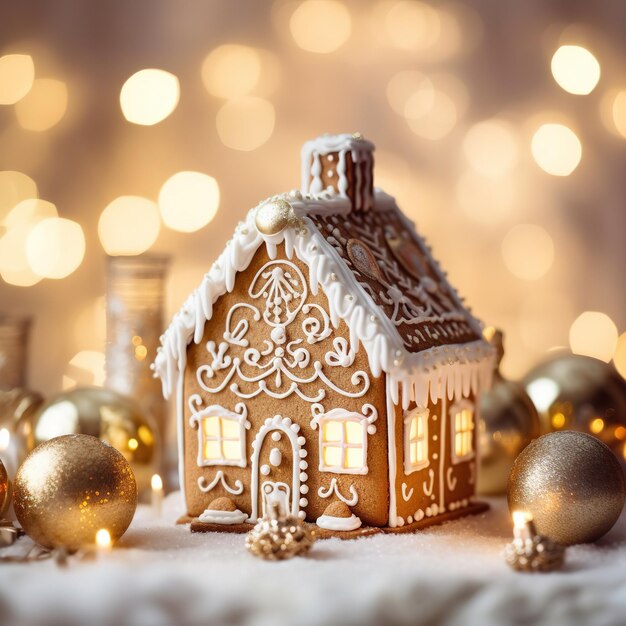 Gingerbread-Haus umgeben von Neujahrslichtern Vorbereitung für das Neujahr und Weihnachten DIY b