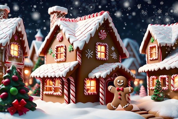 Gingerbread-Männer und ein Gingerbread-Haus auf dem Hintergrund einer festlichen Gingerbread-Stadt bei Nacht