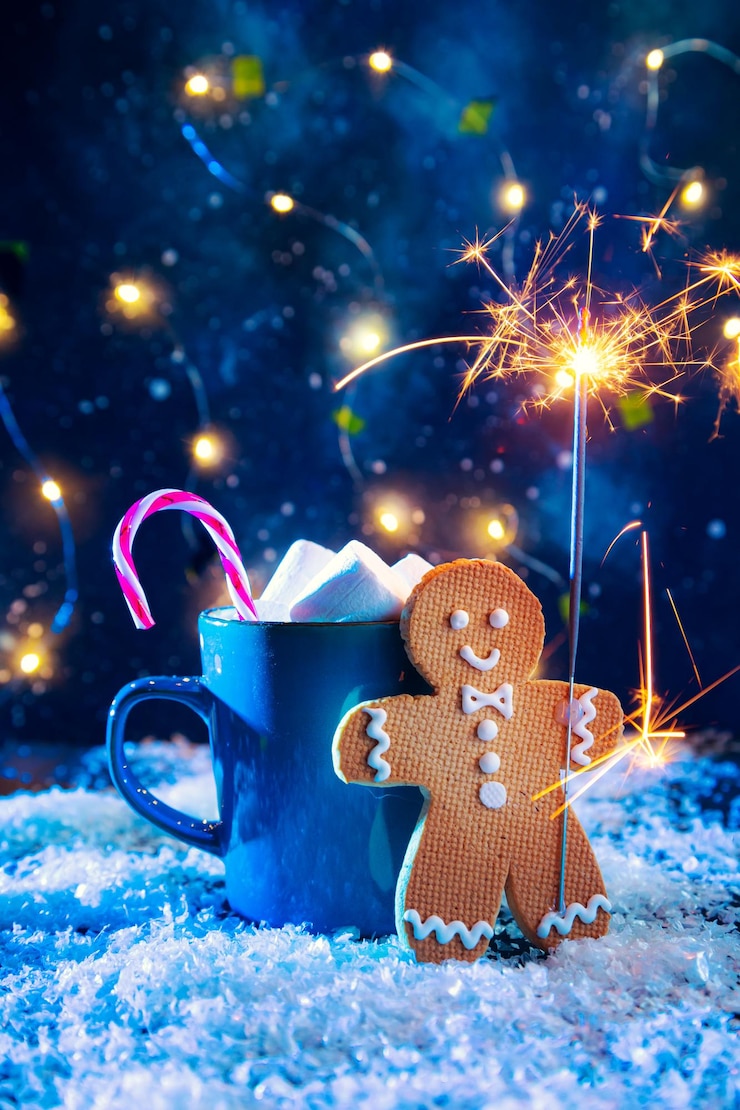 Foto gingerbread-mann-tasse heiße schokolade mit marshmallows und sparkler