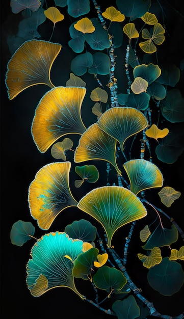 Ginkgo Biloba deixa fundo verde Banner Floral art deco Design de padrão natural ouro Ilustração AI