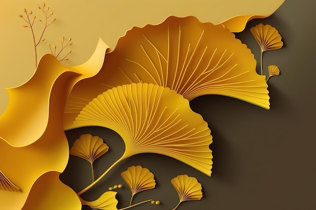 Ginkgo Biloba deja fondo amarillo Banner Floral art deco Diseño de patrón natural dorado Ilustración AI