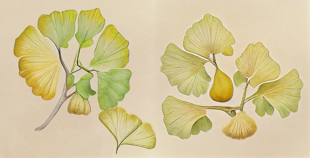 Ginkgo biloba. Ilustração botânica em papel branco. As melhores plantas medicinais, seus efeitos.