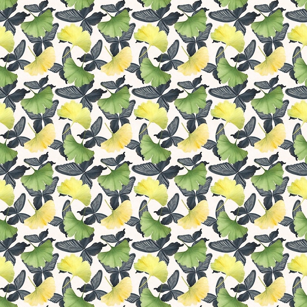 Ginkgo verde vibrante hojas amarillas que caen alas de mariposa negras patrón sin costuras en fondo negro pintado a mano detallada textura acuarela perfecto para textil álbum de recortes diseños de paquetes de papel