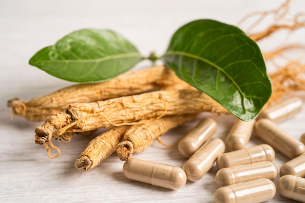 Ginseng, hierba vegetal seca, comida saludable, famosa comida de exportación en el país de Corea