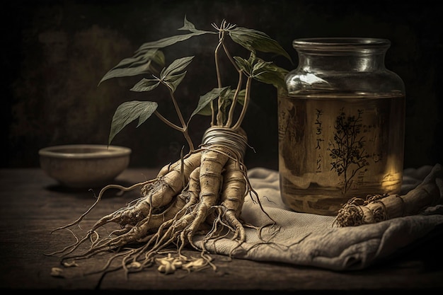 Ginseng de hierbas medicinales chinas en la mesa Imagen generada por tecnología AI