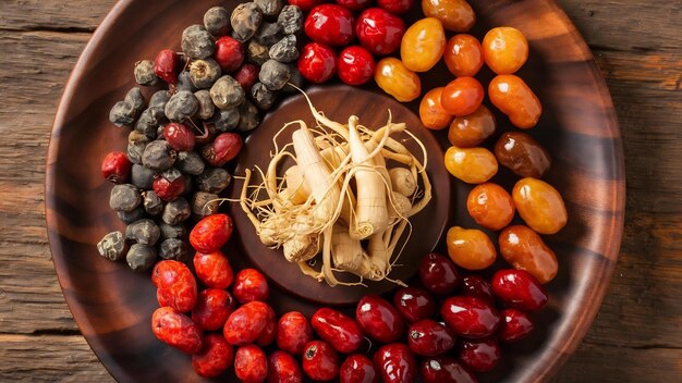 Ginseng wolfberry e jujube estão no prato de madeira