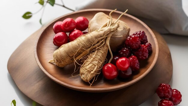 Foto ginseng wolfberry e jujube estão no prato de madeira