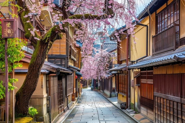 Foto gion shirakawa kyoto japón calles del casco antiguo en primavera