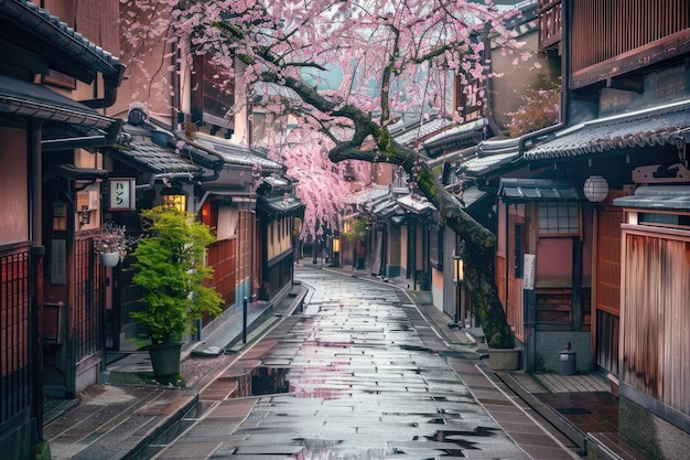 Foto gion shirakawa kyoto japón calles del casco antiguo en primavera