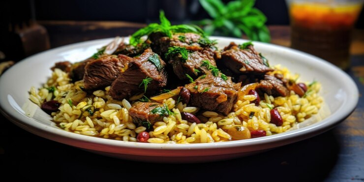 Giouvetsi Cordero griego y plato de orzo en una cocina tradicional Comfort Food Giouwetsi Closeup