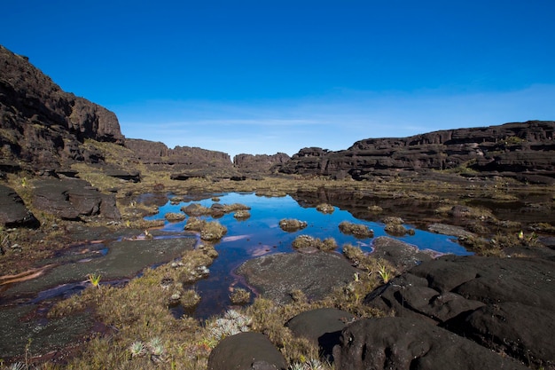 Gipfel des Mount Roraima seltsame Welt aus vulkanischen schwarzen Steinen und Teichen