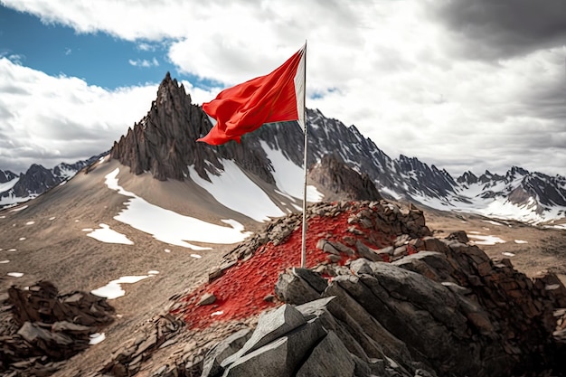 Gipfel mit roter Flagge und Rangerhütte in der Ferne, erstellt mit generativer KI