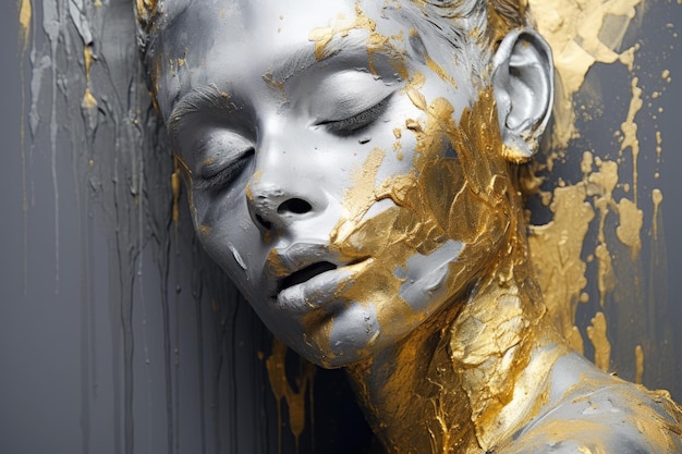 Gipsskulptur eines weiblichen Gesichts mit geschlossenen Augen mit Gold- und Silberfarbe