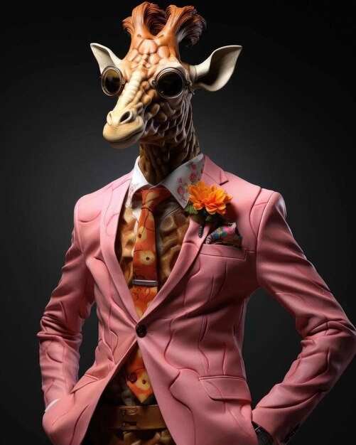 Foto girafa 3d com um corpo humano parecendo sério vestindo um terno com um fundo de estúdio dramático