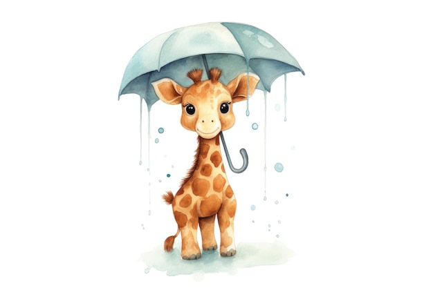 girafa de acuarela de dibujos animados con paraguas en fondo blanco