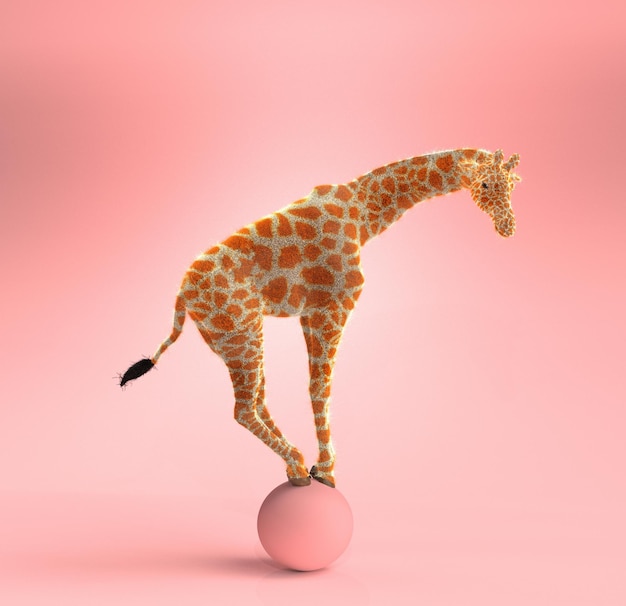 Girafa balançando em uma bola rosa. Ilustração 3D