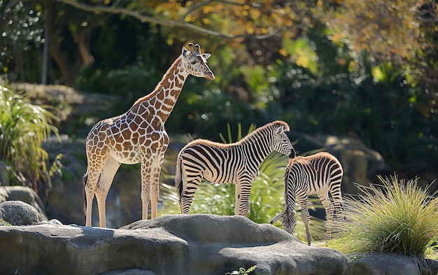 Girafa bebé y cebra en el zoológico IA generativa