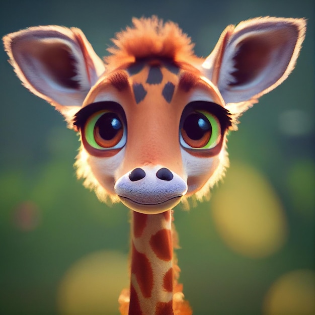 Girafa bebê fofo com olhos grandes adorável pequeno animal personagem de desenho animado de renderização em 3D