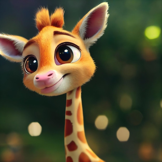 Foto girafa bebê fofo com olhos grandes adorável pequeno animal personagem de desenho animado de renderização em 3d