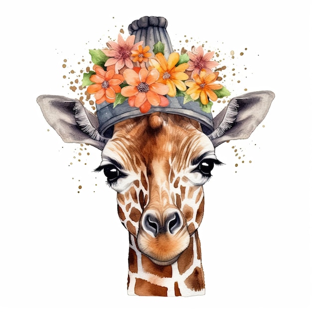 Girafa bonita no chapéu com ilustração em aquarela de flor AI GenerativexA