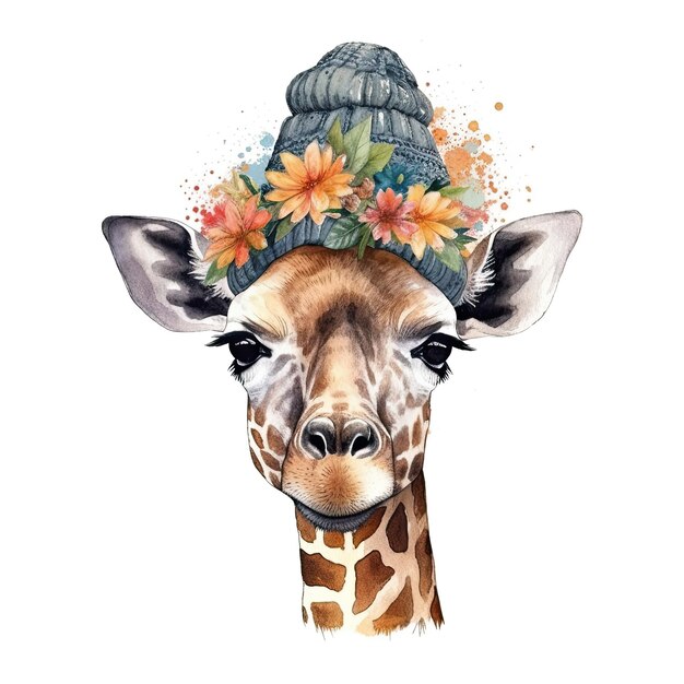 Girafa bonita no chapéu com ilustração em aquarela de flor AI GenerativexA